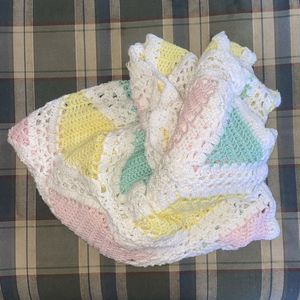 Handmade Crocheted baby Blanket Pastel colors, scalloped Edge, car seat 44X40”